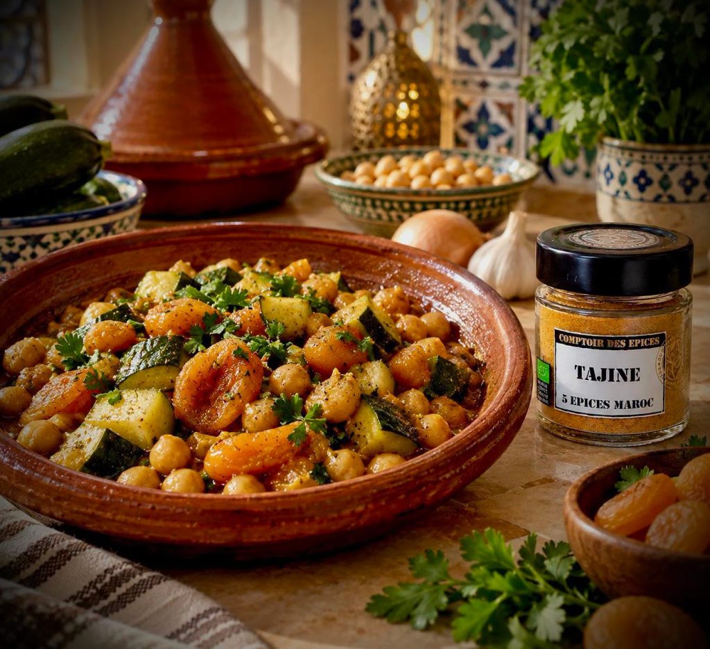 Façon Tajine – courgettes, pois chiches & abricots secs au Kama 5 épices du Maro…